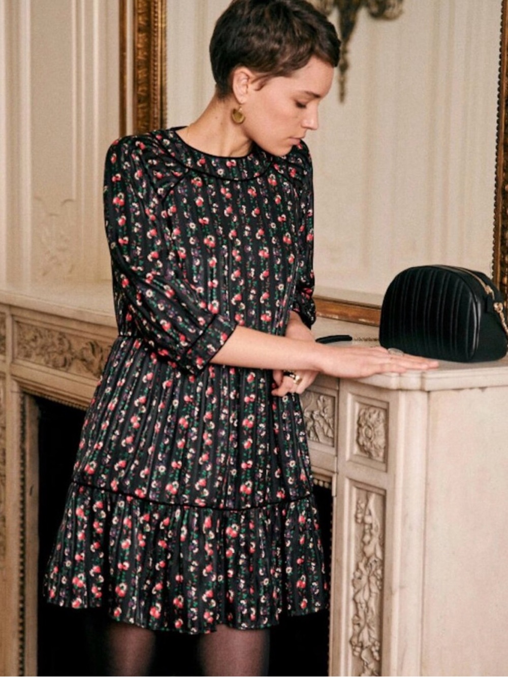 Sezane Gladys Silk Mini Dress Black & Floral Velvet Piping Womens EU 34 US Sz 2